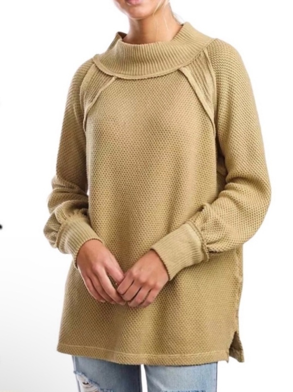 We The Free People Sweater Beige Tan SZ L Shes A Keeper Longline Tunic Mock Neck